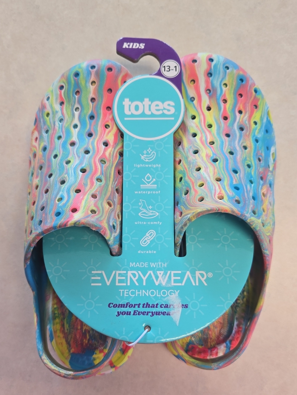 Totes Kids Size 13-1 Multicolor Rainbow Tie-Dye Slip-On Clogs. NWT